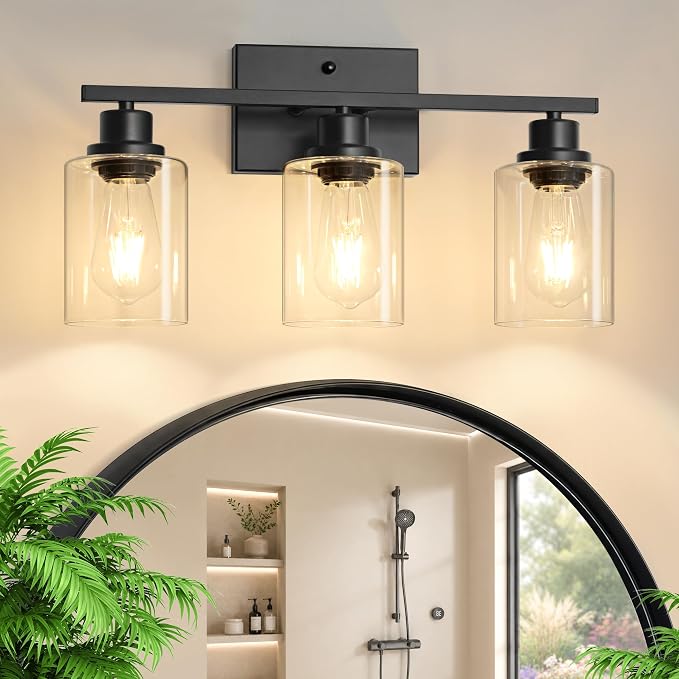 Ascher 3 Light Bathroom Light Fixture, Matte Black Bathroom Lighting Fixtures Over Mirror, Vanity Light with Clear Glass Shade, Wall Sconce for Living Room Bedroom Cabinet, E26 Base