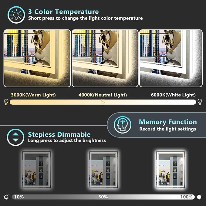 24x30 LED Bathroom Mirror, Backlit & Front Lit Lighted Mirror | Anti-Fog Vanity Mirror with Lights, 3 Color Dimmable, Memory, HD Tempered Glass, CRI95, IP54, UL Listed, Horizontal/Vertical