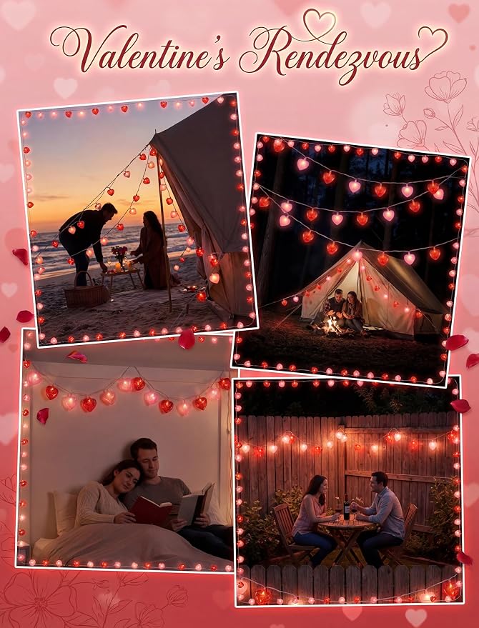 8.5 Ft Heart String Lights, Valentines Day Decorations Lights with 10 LED Glitter Red Pink Heart Lights, Plug in Fairy String Lights for Wedding Anniversary Party Valentine's Day