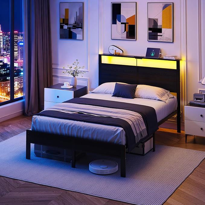 Full Size Metal Bed Frame with Storage Headboard, LED Lights | USB Charging Station, Metal Platform Bed with Sturdy Slats,Noise Free,No Box Spring Needed, Easy Assembly