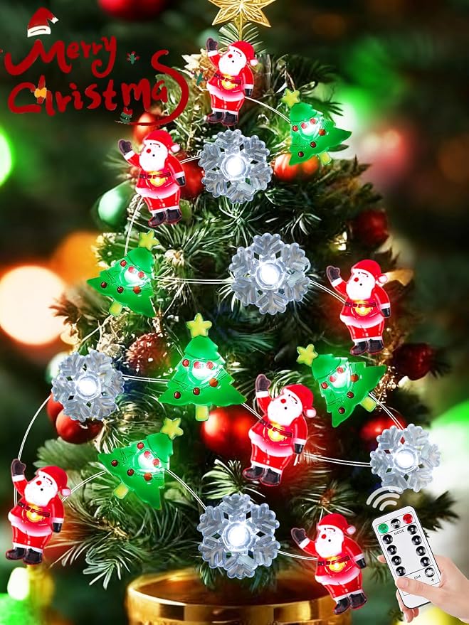 Christmas Tree Santa Snowflake Fairy Lights Battery Operated with Remote | 10FT 30LED, 8 Modes & Timer, Waterproof Wire, Christmas Fairy Lights Twinkle for Indoor Outdoor Xmas Fireplace Window Decor