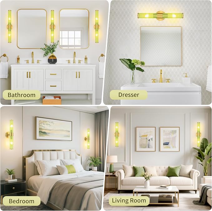 Morauroral Gold Battery Operated Wall Sconces Set of 2, Rechargeable Wall Lights with Remote Control, 20 Inch Modern Wireless Wall Lamp for Bedroom, Living Room with Green Shade (Bulbs Included)