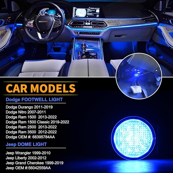 POPMOTORZ Blue LED Interior Courtesy Light Footwell Lights Under Dashboard Courtesy Floor Lamp Compatible for Dodge RAM,Durango,Nitro, Jeep Wrangler,Liberty,Grand Cherokee Under Dash Lighting 2 Pcs
