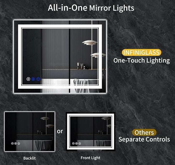 40"x36" LED Bathroom Mirror with Lights,Anti-Fog,3 Color Modes