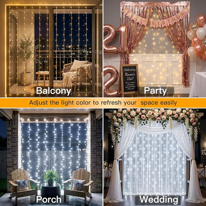 Color Changing Curtain Lights, 200 Led Hanging Lights Outdoor, Fairy Curtain Lights Indoor for Christmas, Dorm, Wall, Backdrop, Window, Wedding, Party, Birthday Decor, Warm White & White