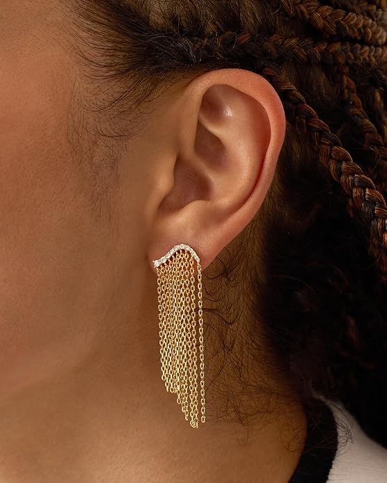 PAVOI 14K Gold Plated Long Tassel Dangle Earrings for Women - 925 Sterling Silver Posts Elegant Rhinestone Chain Chandelier Drop Earrings - Statement Jewelry