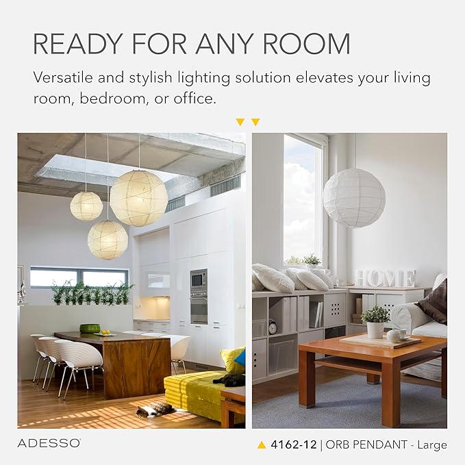 Adesso Orb Large Pendant with Collapsible Rice Paper Shade – 15ft Cord, 24” Diameter – Stylish Ceiling Lighting