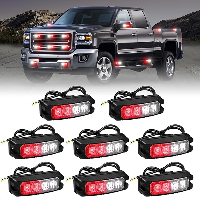 XRIDONSEN 8PCS Sync Grill Emergency Lights 32 LED Red White Firefighter Lights Grille Surface Mount Strobe Flashing Warning Safety Hazard First Responder Light for Vehicles POV Fire Fighter Trucks