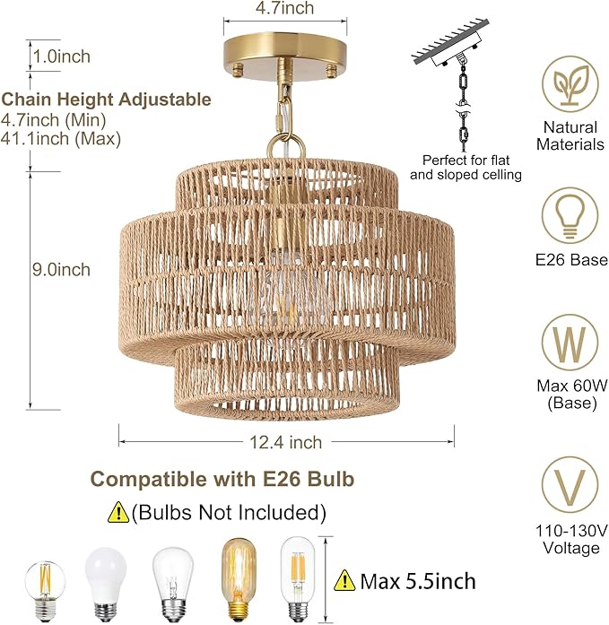 12.4" Large Boho Rattan Farmhouse Chandeliers for Dining Room, Rattan Hand-Woven Rustic Drum Chandelier Pendant Light Fixture for Kitchen Island Bedroom Living Room Entryway Foyer