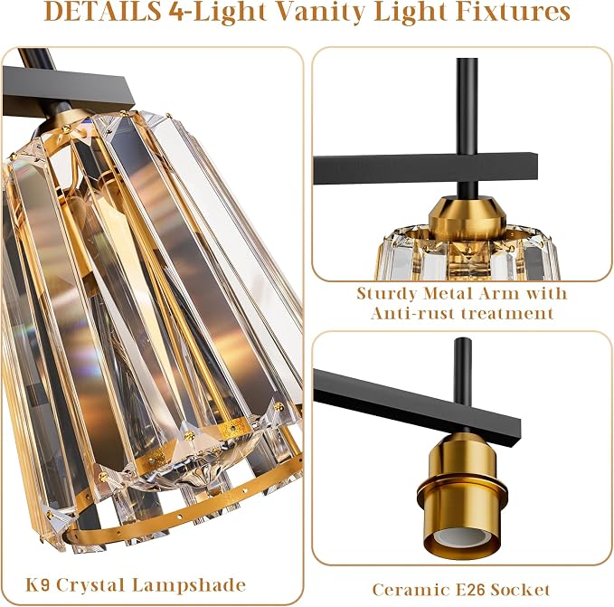 Crystal Bathroom Light Fixtures Over Mirror, Black Gold 4-Light Bathroom Vanity Lights Over Mirror Modern Wall Lighting Sconces with Ceramic E26 Base (Bulbs Not Include)