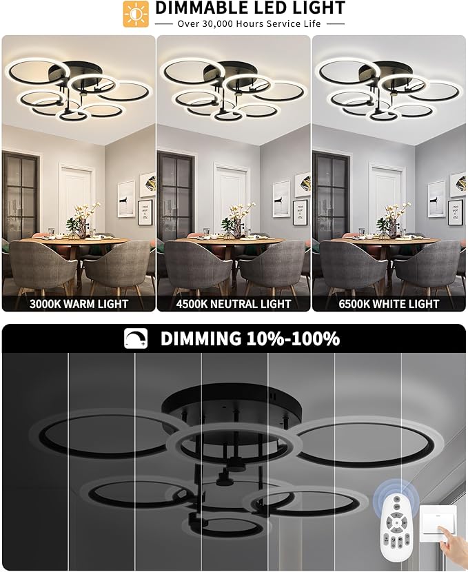 Smart LED Ceiling Light, 7-Ring Modern Flush Mount Fixture, 130W Dimmable 3000K–6500K, WiFi Alexa & App Control, Black Ceiling Light for Living Room Bedroom Kitchen (31.8")