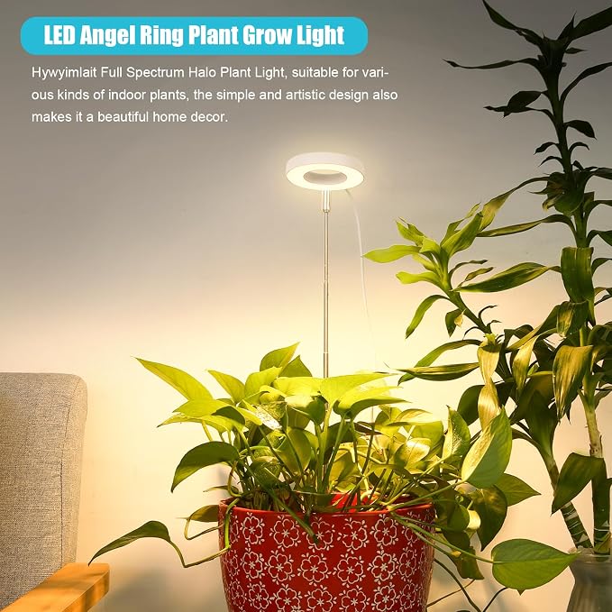 Halo Ring Grow Lights for Small Indoor Plants, Warm+White 96LEDs Full Spectrum Plant Light, Height Adjustable with Adapter, 3/9/12H Timer, 3 Spectral Modes, 10 Dimmable Levels, Angel Ring 2 Pack
