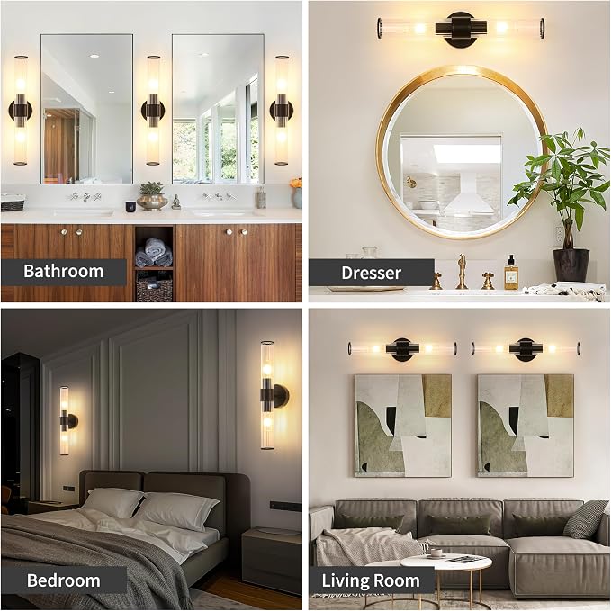 Morauroral Black Battery Operated Wall Sconces Set of 2, Rechargeable Wall Lights with Remote, 20 Inch Modern Wireless Wall Lamp for Bedroom, Living Room with Clear Glass Shade (Bulbs Included)