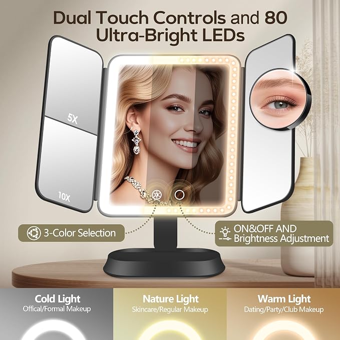 Makeup Mirror with Lights and 30X/10X/5X Magnification, Vanity Mirror with 3 Color Lights, Rechargeable, Detachable, Lighted Makeup Mirror with Magnification, Trifold Mirror, Gifts for Women