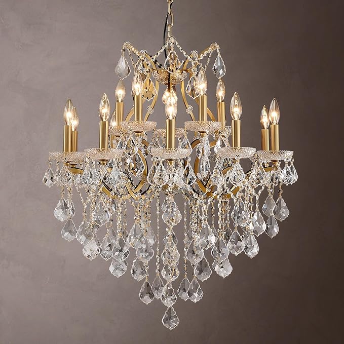 Brass Crystal Chandeliers for Dining Room 15 Lights Maria Theresa Chandeliers Modern Pendant Light Fixture Living Room Bedroom Entryway Kitchen 31.5" H x 30.7" D