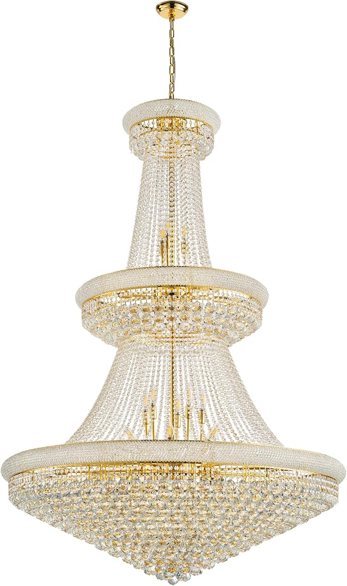 48'' W Grand Gold 3-Tier Empire Crystal Chandelier, 42 LED Bulbs, 680 Hand-Strung K9 Crystals (6 Spares), 79-Inch Adjustable Chain, Ideal for Luxury Foyers, Staircases, Double-Height Spaces (Gold)