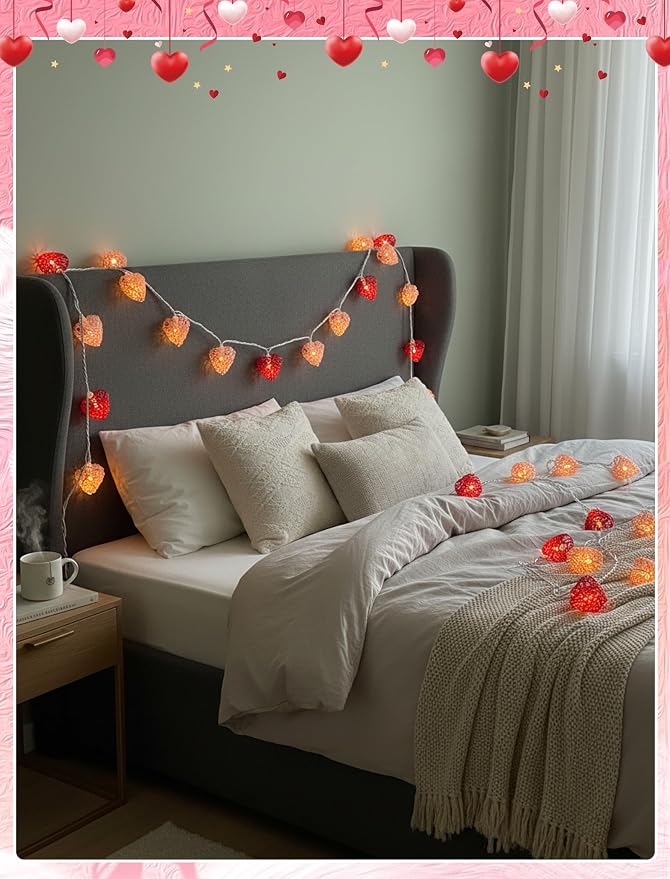 8.5ft Valentine’s Day Heart String Lights Plug in, Valentines Decoration | 10 LED Red White Shatterproof Vintage Rattan, Indoor Fairy Lights for Home Decor Wedding Outdoor Party, Warm White