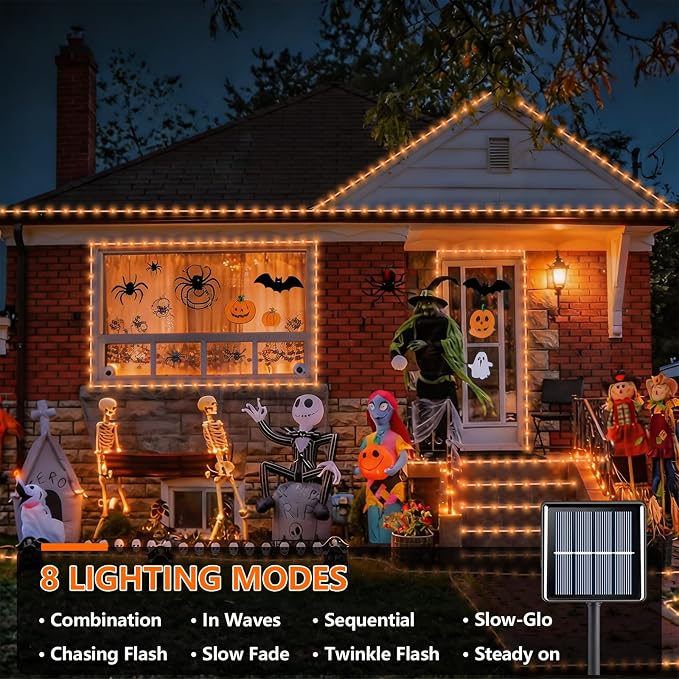 YEGUO Solar Halloween Lights, 2 Packs Each 33ft 100 LED String Lights Outdoor Waterproof, 8 Modes Fairy Lights in Clear Thin Tube for Camping Fence Patio Garden Trampoline Deck(Orange)