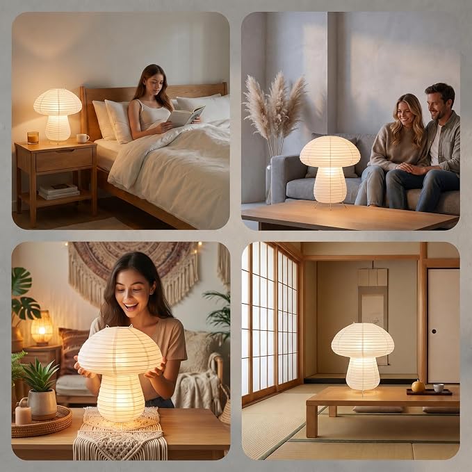 Paper Lantern Table Lamp, Rice Paper Japanese Lights, Modern Mid Century Cute Small Desk Lamps for Bedroom, Living Room
