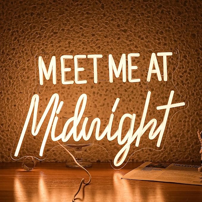 Meet Me At Midnight Neon Sign Warm White Led Light Up Words Sign for Bedroom Decor Dimmable USB Powered Neon Light for Bar Home Hotel Wall Decor Gift Sign 16.5 * 11 In