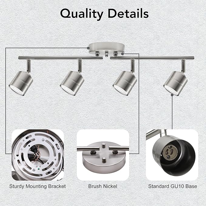 4-Light 26.25'' Track Lighting Kit - 270° Swivel & 90° Tilt Adjustable, Brushed Nickel Ceiling Spot Lights with 4 x 5W GU10 LED Bulbs, for Kitchen, Living Room, Gallery, Shop Display