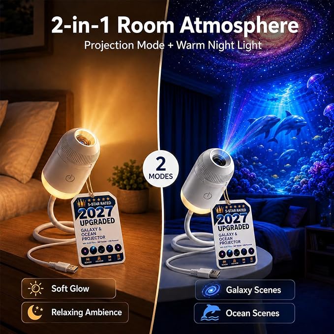 2027 Upgraded Hd Smart Dynamic 5d Holographic Night Light Projector, Plug and Play Hd Star Projector, 360° Adjustable Hd Galaxy and Ocean Projector for Bedroom Ceiling (3 Projection Films)