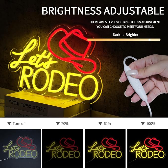 Let's Rodeo Neon Sign for Wall Decor Dimmable Cowboy Hat Led Lights Signs LED Signs for Game Room Cowboys Neon Light Room Decor for Farm Bar Game Room Man Cave Decoration Boys Gift