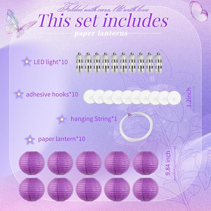Chinese Paper Lanterns - Pack of 10, 10-Inch Purple Hanging Lights for Birthday Party Decorations, Ceiling Decor, Rainbow Classroom, Wedding, and Home Party