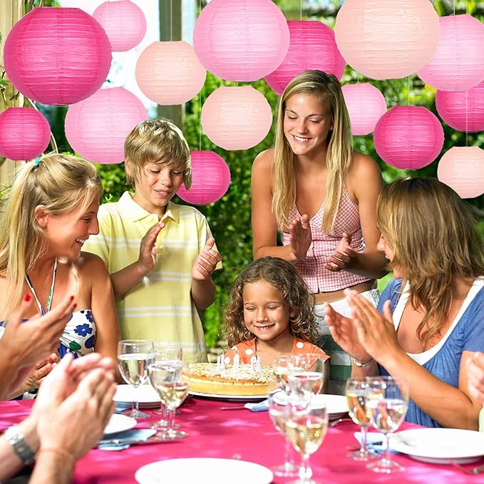 Hanging Paper Lanterns Decorative, Pink Chinese Paper Lanterns Ceiling Party Decorations with 16 LED Lights for Weddings Anniversaries Valentine's Day Bridal Shower Decorations, Pack of 16