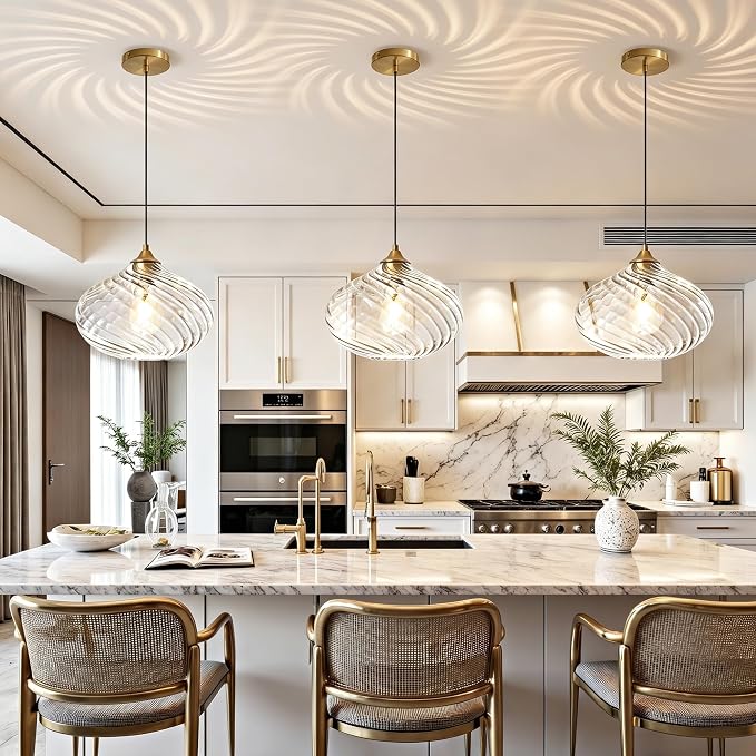 11in Gold Pendant Lights Kitchen Island with Clear Glass Shade 1Pack | Handcrafted Glass Pendant Light Fixtures, UL Certified, E26 Base 100W Max, Height-Adjustable, Dimmable Hanging Pendant Light