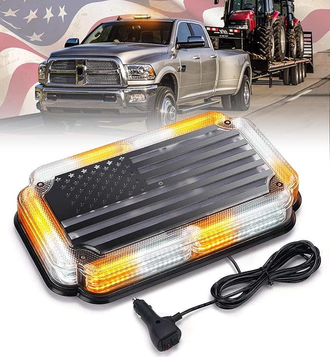 Xprite 300% Bright 108 LED Roof Top Strobe Light, US Flag Pattern Emergency Safety Warning Mini LED Strobe Lightbar w/Magnetic Base for 12-24V Construction Vehicles, Trucks, Snowplows, Amber White
