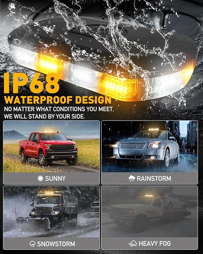 HLauto 700A Rooftop Emergency Strobe Lights Bar, 72 LED Amber White Mini Beacon Safety Flashing Warning Traffic Lights Bar w/Magnetic Base for 12-24V Trucks, Construction Vehicles, Snowplow, Cars