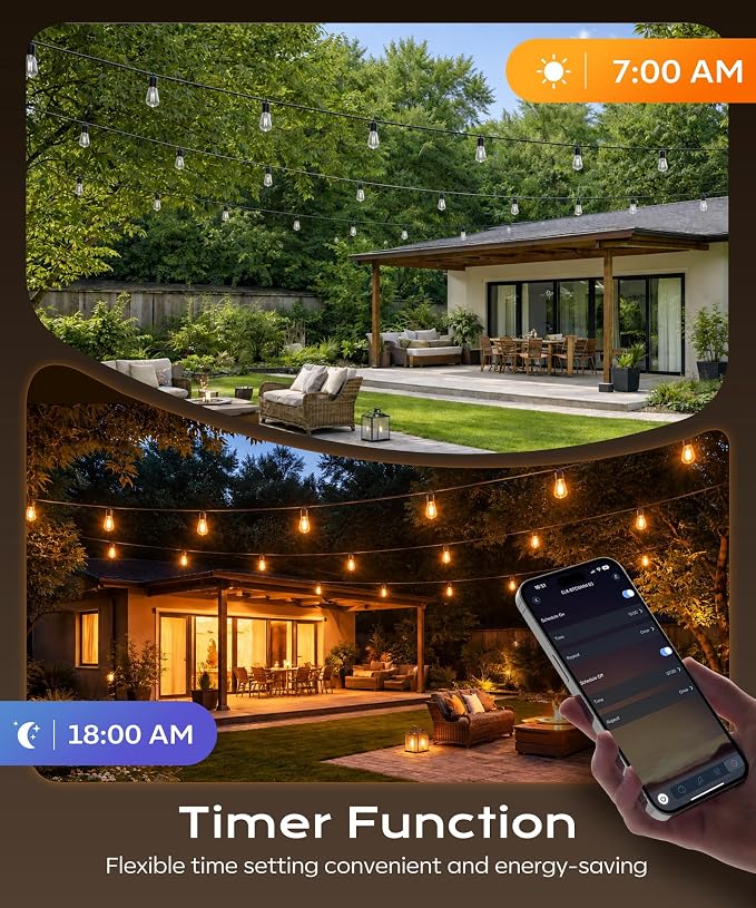 Outdoor String Lights, 50 FT Patio Lights for Outside | Smart App & Remote Control with Timer, Dimmable with 4 Scene Modes, Warm White Waterproof LED Bulbs for Garden, Yard Decor