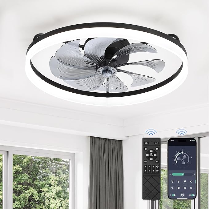 LEDIARY 23" Low Profile Ceiling Fans with Lights, APP & Remote, Black | Flush Mount, Dimmable LED, Quiet DC Motor, Reversible, 6 Speeds, Fandelier, for Bedroom