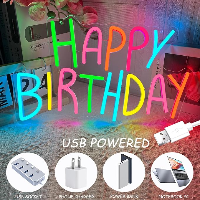 Happy Birthday Neon Sign for Wall Decor, Colorful Happy Birthday Neon Lights, LED Birthday Neon Light for Backdrop, Neon Birthday Signs for Bedroom Bar Cafe Party Any Ages Bday Celebration Decoration