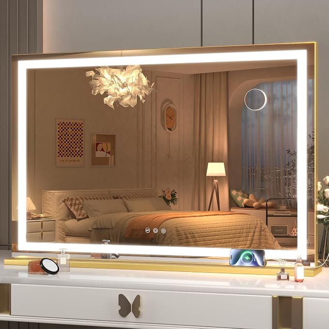 Hasipu Vanity Mirror with Lights, 32" x 22.4" LED Makeup Mirror, Lighted Makeup Mirror with Dimmable 3 Modes