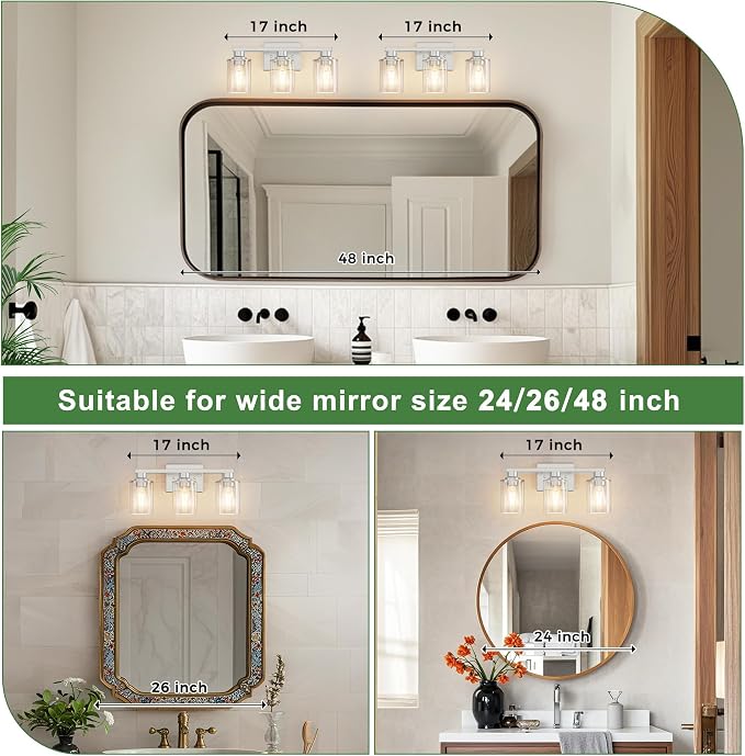 17 Inch 3-Light Chrome Bathroom Vanity Light Over Mirror | Modern Vanity Mirror Light, Brushed Chrome Vanity Light with Clear Glass Shade, Wall Mount Lighting for Bedroom Living Room