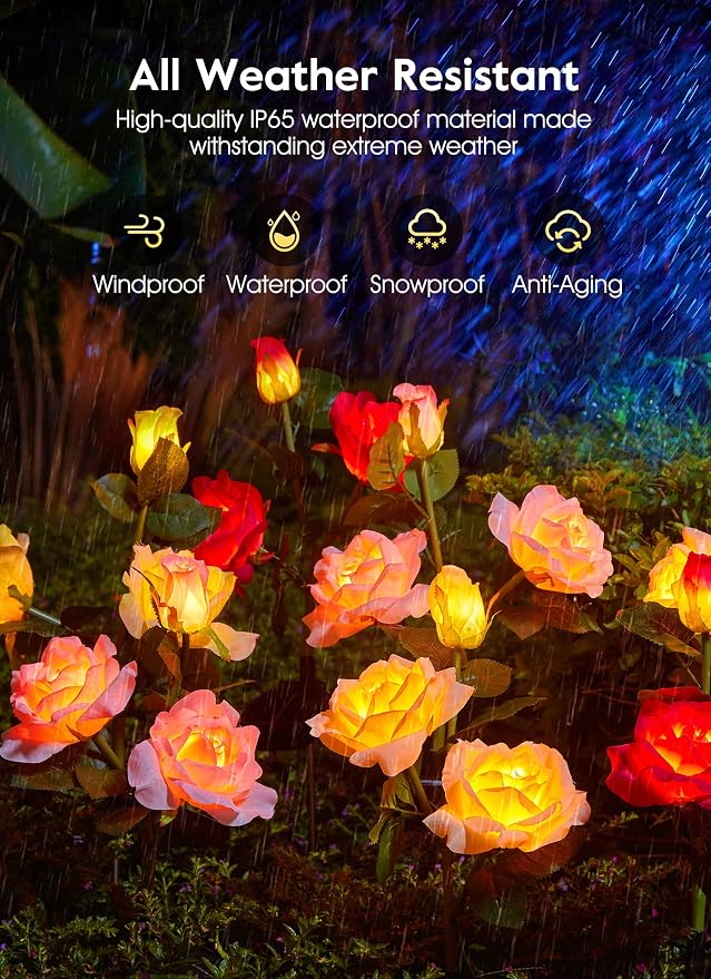 Brightown Solar Garden Lights, 4 Pack LED Rose Flower Lights Waterproof | Larger & Realistic Rose, Bigger Solar Panel, Waterproof Solar Lights Outdoor for Yard Garden Lawn Pathway Decorations