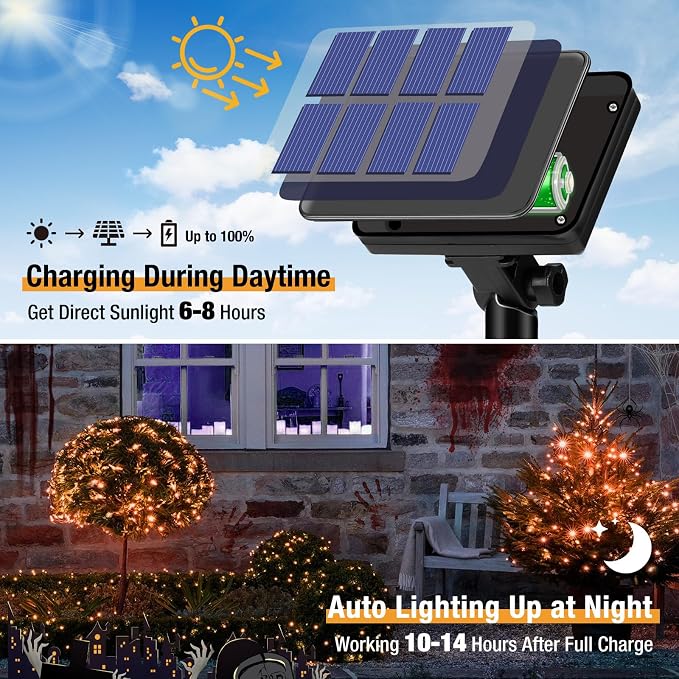 4 Pack Solar Halloween String Lights Outdoor - 320LED 132FT Orange Solar Fairy Lights Outside Waterproof, 8 Modes Solar Powered Twinkle Lighting Decorations for Tree Garden Yard Spooky Patio Party