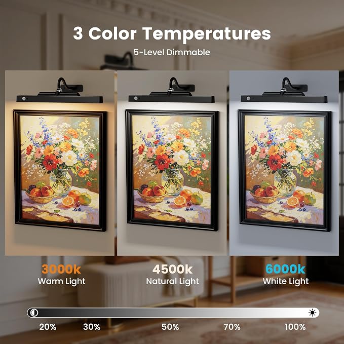Wireless Picture Light for Wall with Motion Sensor, 12 Inch, Black, 2 Pack | Cordless, Magnetic Detachable Bar, Rechargeable, Remote Control, 3CCT Dimmable, 4400mAh, for Artworks Photos