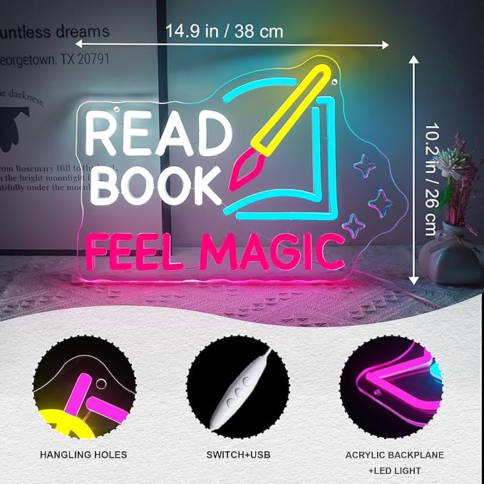 Read Book Feel Magic Neon Sign Led Pink Neon Signs for Wall Decor Colorful Neon Lights Dimmable Signs USB Light Up Sign Neon for Motivational Kids Gift Library Classroom Reading Room Bookstore Bookish Decoration