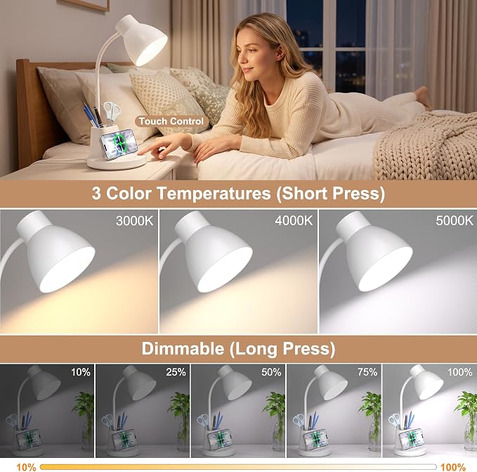 10W Wireless Charging LED Desk Lamp with Pen Holder, CRI 95, White | 800LM, 3 Modes, 360°Flexible Arm, Touch, Brightness, Table Lamp for Home Office, Dorm, Bedside, Study, Reading, with Adapter