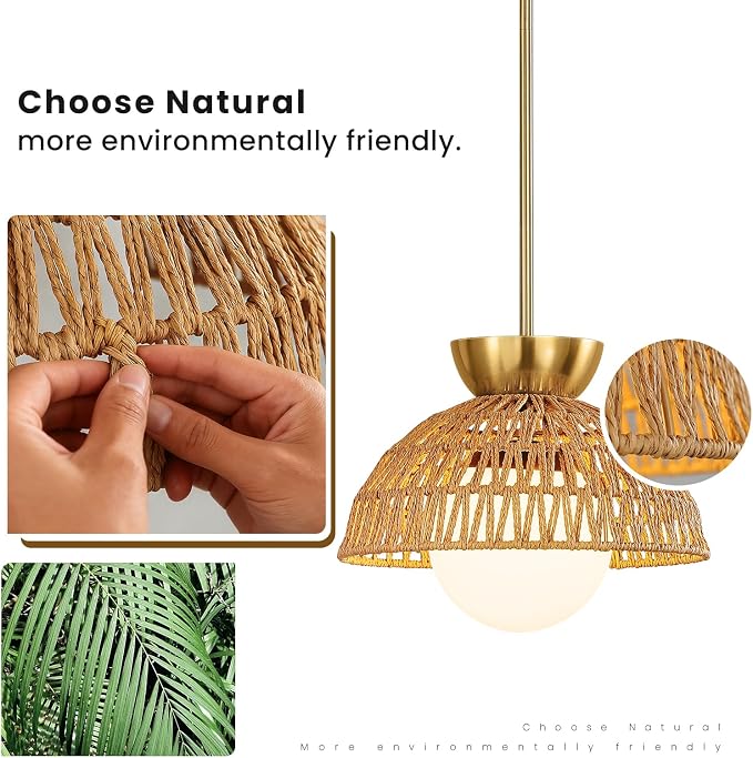 2 Pack Rattan Pendant Light, 11.8" Hand Woven Boho Pendant Light Fixture with Milk Glass Globe, Gold Kitchen Island light Fixtures Adjustable Chandelier for Dining Room Hallway Foyer Restaurant