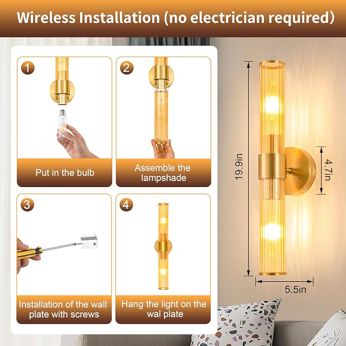 Morauroral Gold Battery Operated Wall Sconces Set of 2, Rechargeable Wall Lights with Remote Control, 20 Inch Modern Wireless Wall Lamp for Bedroom, Living Room with Amber Shade (Bulbs Included)