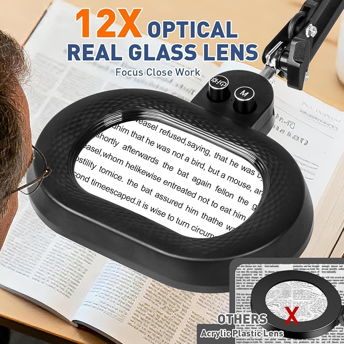 KIRKAS 12X Magnifying Glass with Light, 3-axis Rotation Magnifying Lamp | 35in Long Arm LED Lighted Magnifier Real Glass Lens for Repair Craft Sewing Workbench, Knob Stepless Dimming and Color