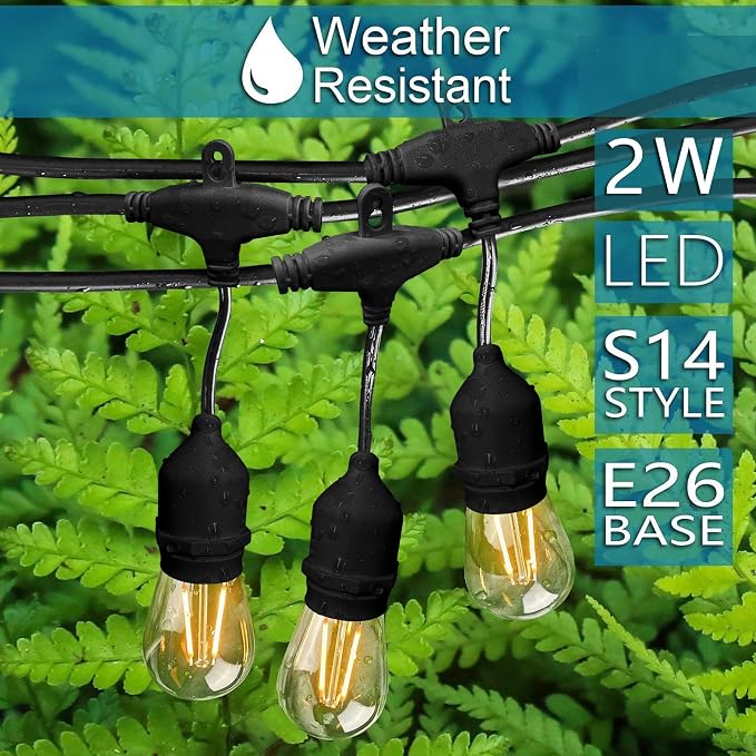 Outdoor String Lights, 48FT Waterproof Patio Lights with 2W Dimmable LED Bulbs, for Outdoor Backyard, Garden, Deck, Porch, Gazebo, Balcony, Camping, Party