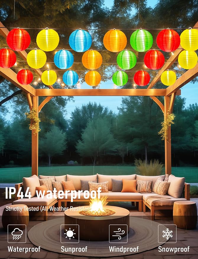 Outdoor String Lights, 25FT Multicolor Lantern Lights String with 10 G40 LED Bulbs, Waterproof Chinese Lanterns for Patio, Backyard, Camping, Halloween and Party Decorations