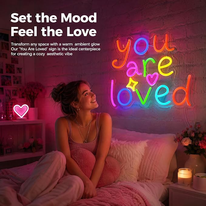 You Are Loved Neon Light for Wall Decor, Dimmable Sign for Bedroom | 16"x12" Colorful Letter Light, Birthday Gift for Daughter/Son/Girlfriend (No Adapter) 6.5ft USB Powered