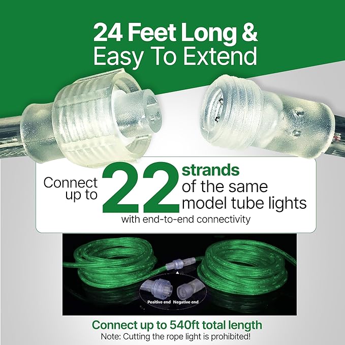 Tupkee LED Rope Light Green - for Indoor and Outdoor use, 24 Feet (7.3 m) - 10MM Diameter - 144 LED Long Life Bulbs Rope Tube Lights
