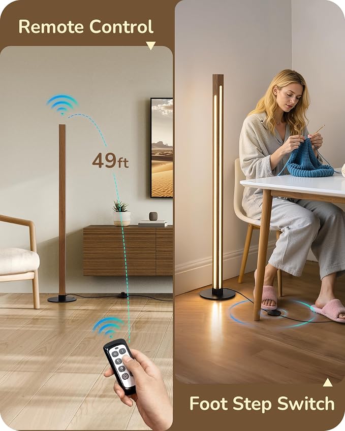 EDISHINE Wooden Floor Lamp with Remote, Dual Lighting, 7CCT & Dimmable | Foot Switch, Night Light Mode, Memory Function, Standing Lamp for Bedroom, Office, Dark Walnut